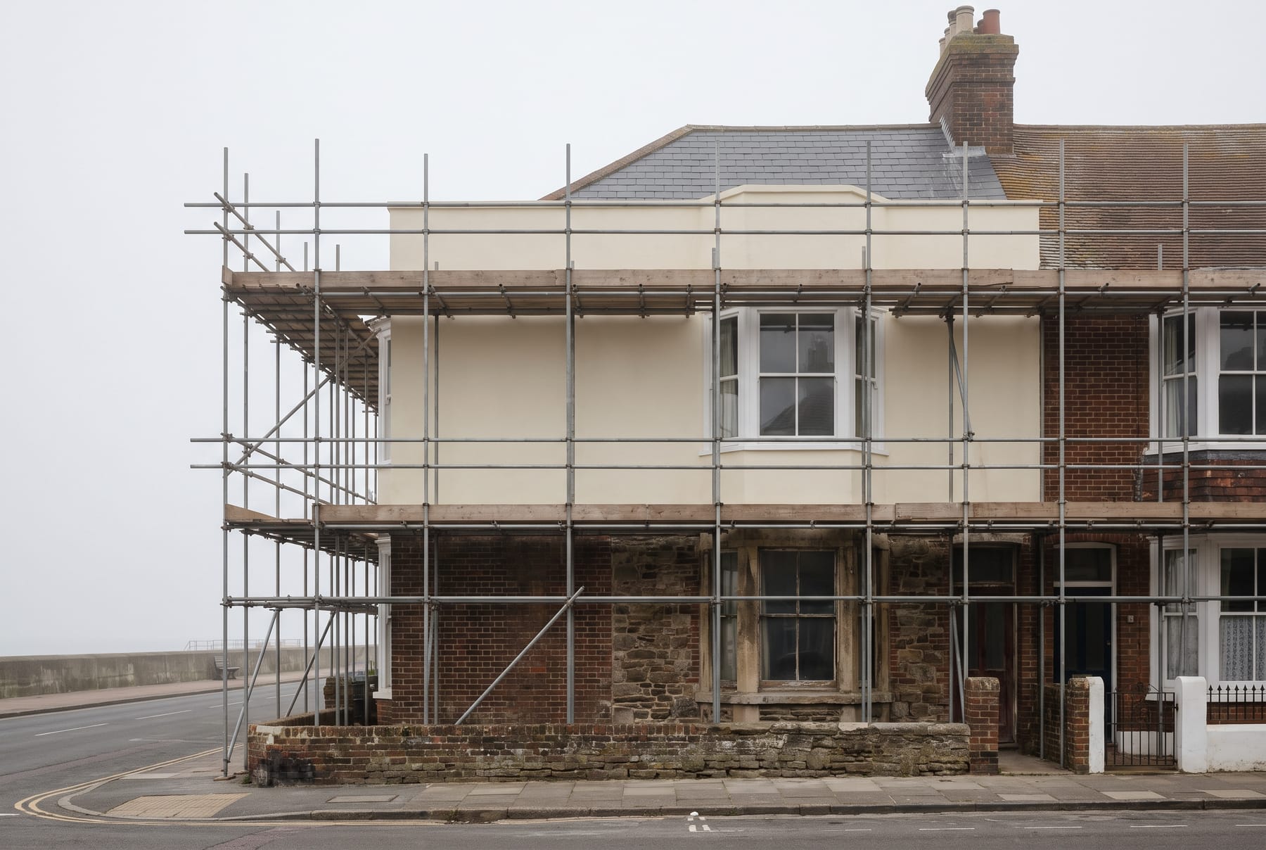 Edwardian terrace under retrofit behind scaffolding, half re-rendered in lime