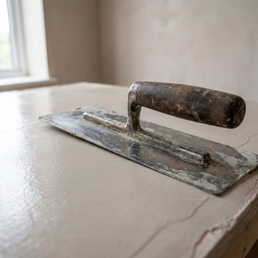 Steel float resting on fresh lime render