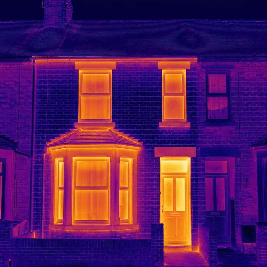 Thermographic survey image of a terraced house facade